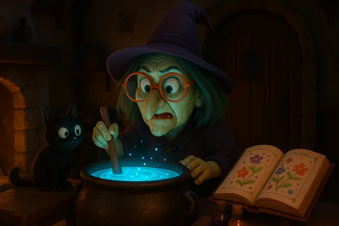 🧙 Bruja cegata, poción feliz - La bruja Grunila intenta una travesura pero la magia se vuelve sorprendente.