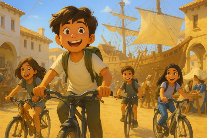 🚲 Pedaleando en el tiempo: rumbo a las carabelas - Un misterioso plano lleva a los primos a vivir una nueva aventura en el pasado.