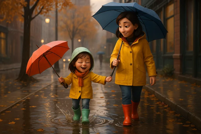 🌧️ No pises los charcos - Un día lluvioso donde los charcos pasan de ser un problema a parte del camino.